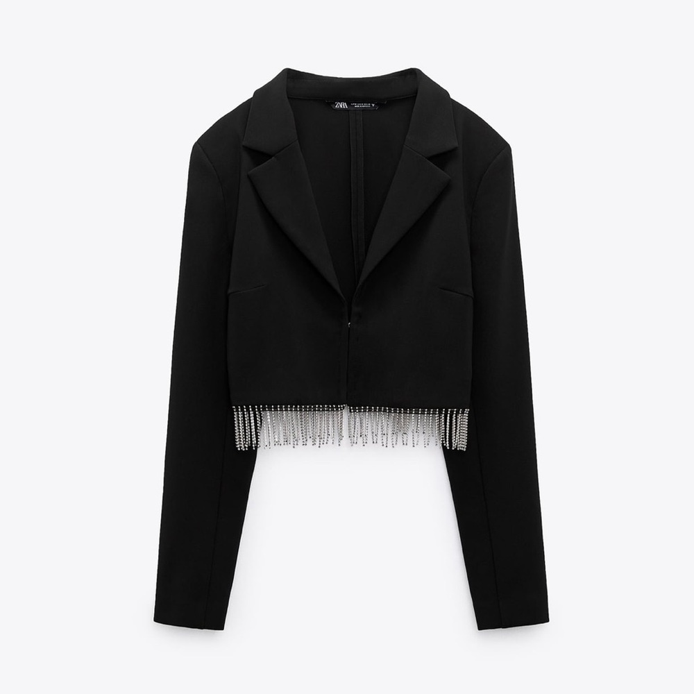 Zara Rhinestone Shiny Black Mini Blazer Jacket Top